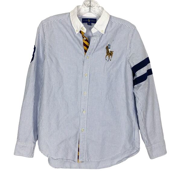 NWOT RALPH LAUREN Shirt Boys L Big-Pony Polo-Player #3 Navy-Stripe Blue White - Picture 1 of 7